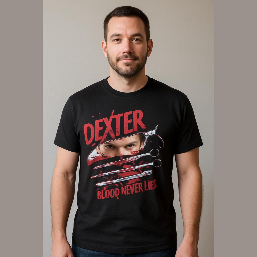 Dexter Black Tee with Red and Silver Graphic